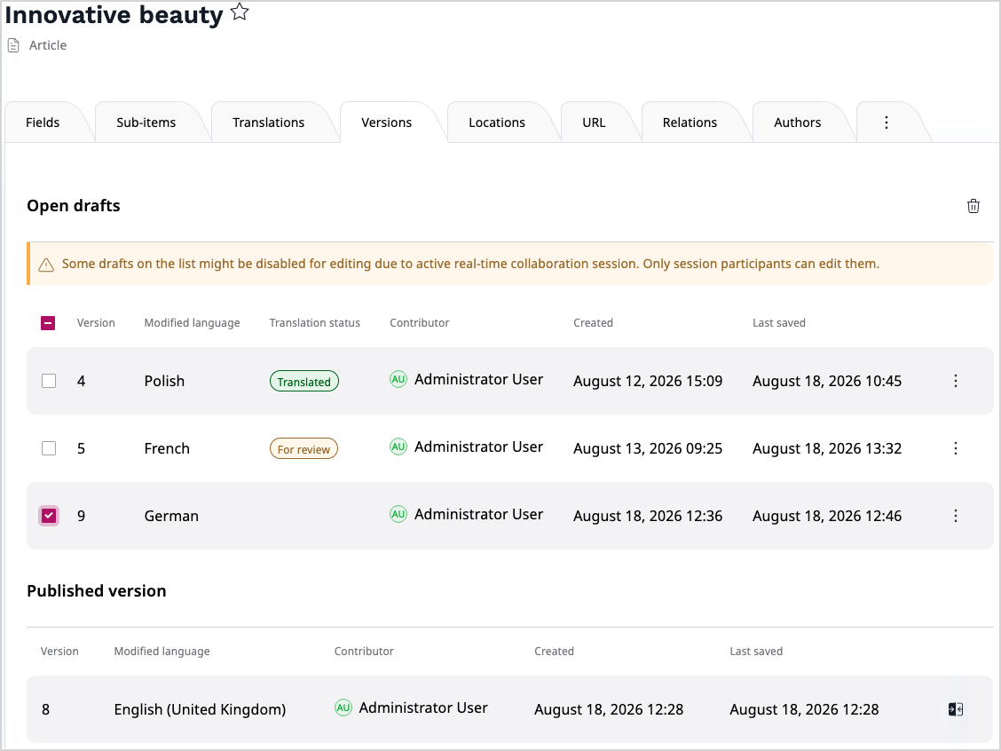 Review status badges in the Versions tab